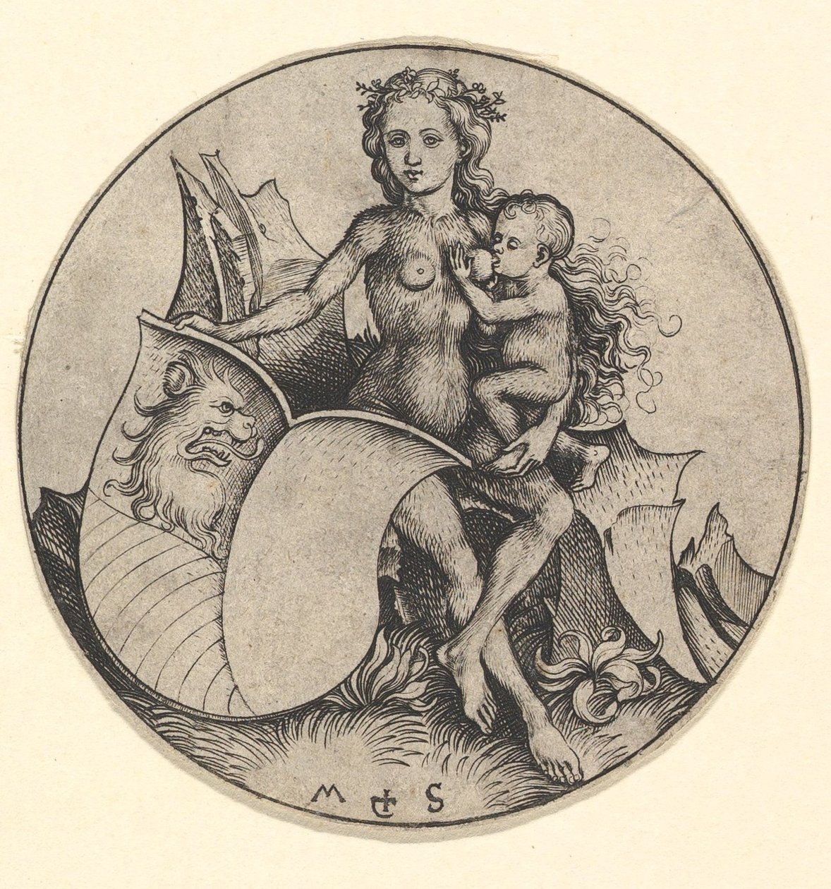 Vild kvinna som håller en sköld med ett lejonhuvud, ca. 1435-1491. av Martin Schongauer