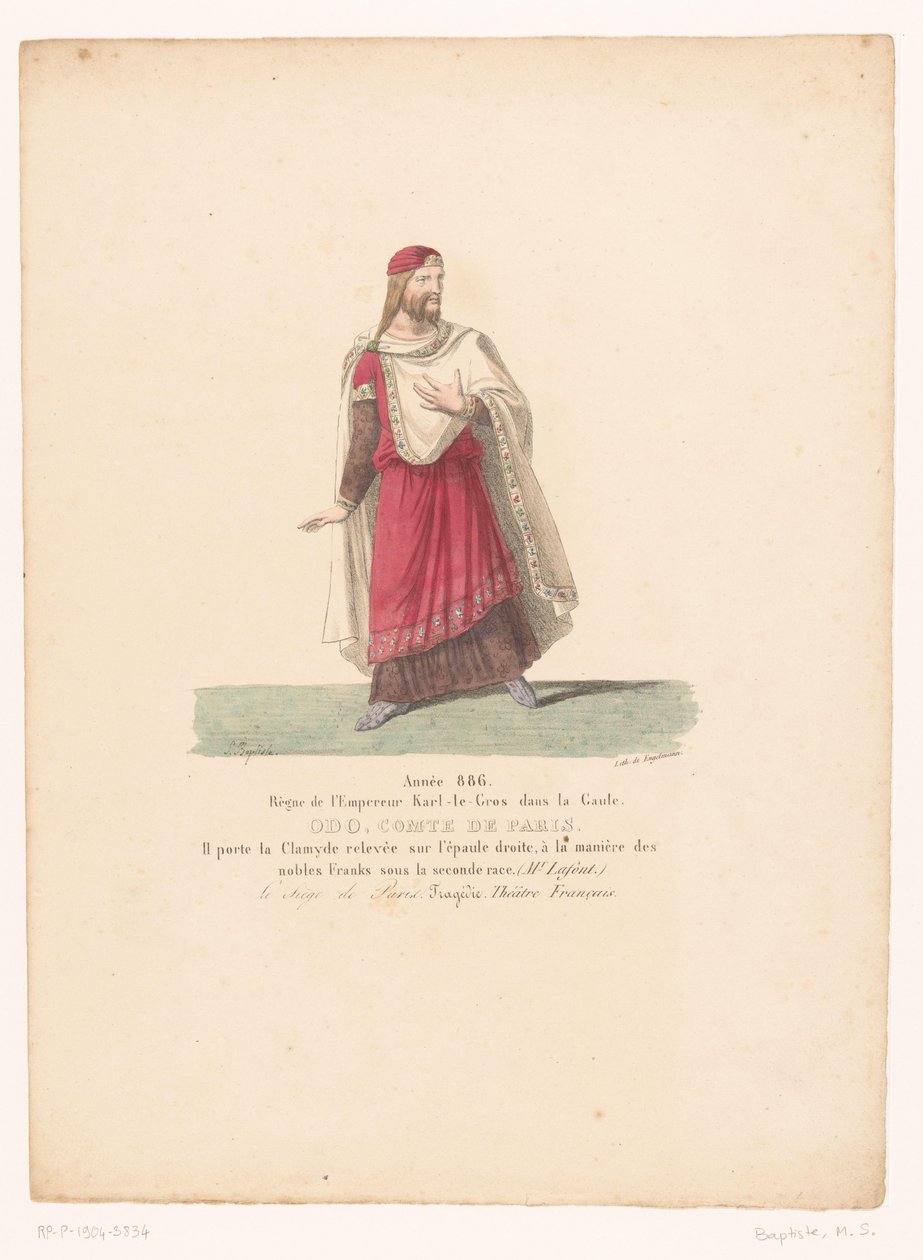 Kostuum van Odo I, kung van West-Francië uit tragedin Belägringen av Paris Odo, greve av Paris (titel på objekt) Theaterkostuums (serietitel) Franska teatern: samling av kostymer av MM. J. Alaux och L. Duponchel från manuskriptteckningarna av av Martin Sylvestre Baptiste