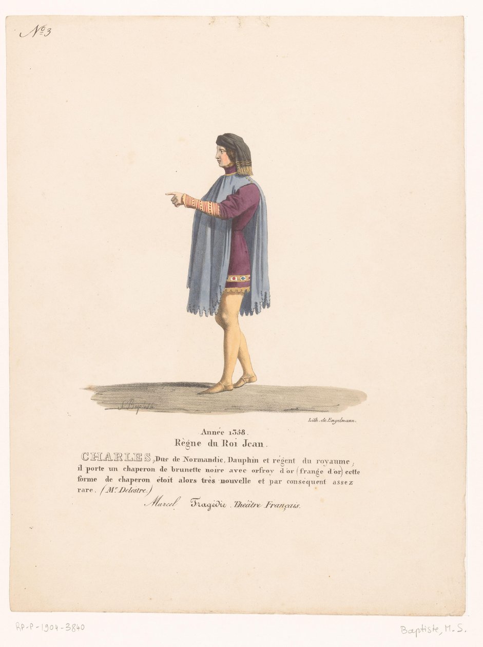 Kostuum van de dauphin Karel van Valois från tragedin Marcel Charles, hertig av Normandie (titel på objekt) Theaterkostuums (serietitel) Franska teatern: samling av kostymer av MM. J. Alaux och L. Duponchel från manuskriptteckningar i Bibliot av Martin Sylvestre Baptiste