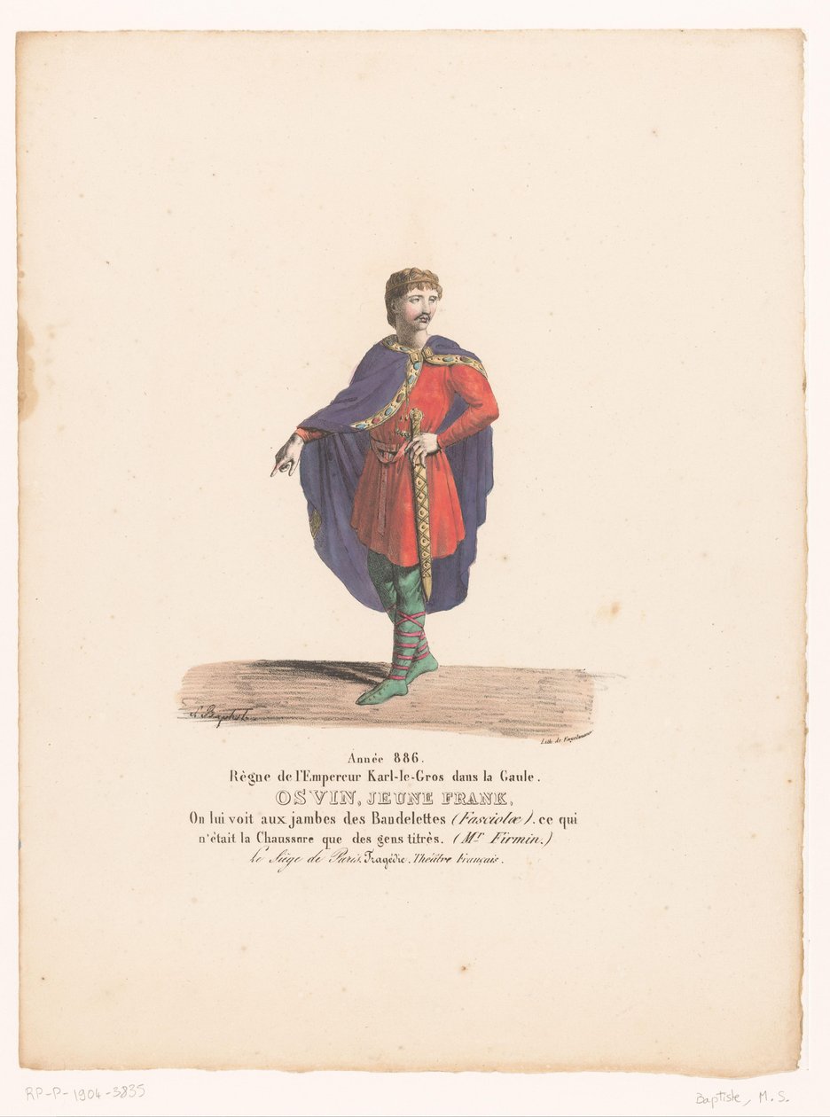 Kostuum van de unge Frank Osvin från tragedin Belägringen av Paris Osvin, unge Frank (titel på objekt) Theaterkostuums (serietitel) Franska teatern: samling av kostymer av MM. J. Alaux och L. Duponchel från manuskriptteckningar i Bibliothèq av Martin Sylvestre Baptiste