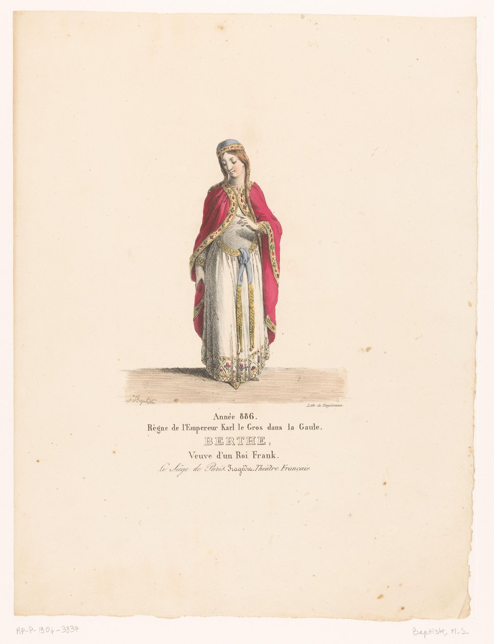 Kostuum van koningin Berthe uit tragedin Belägringen av Paris Berthe (titel på objekt) Theaterkostuums (serietitel) Franska teatern: samling av kostymer av MM. J. Alaux och L. Duponchel baserade på manuskriptteckningar från Bibliothèque de la Comédie- av Martin Sylvestre Baptiste