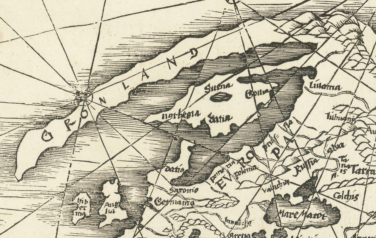 1513 års karta över Nordsjön som visar Grönlands förbindelse med Skandinavien av Martin Waldseemuller