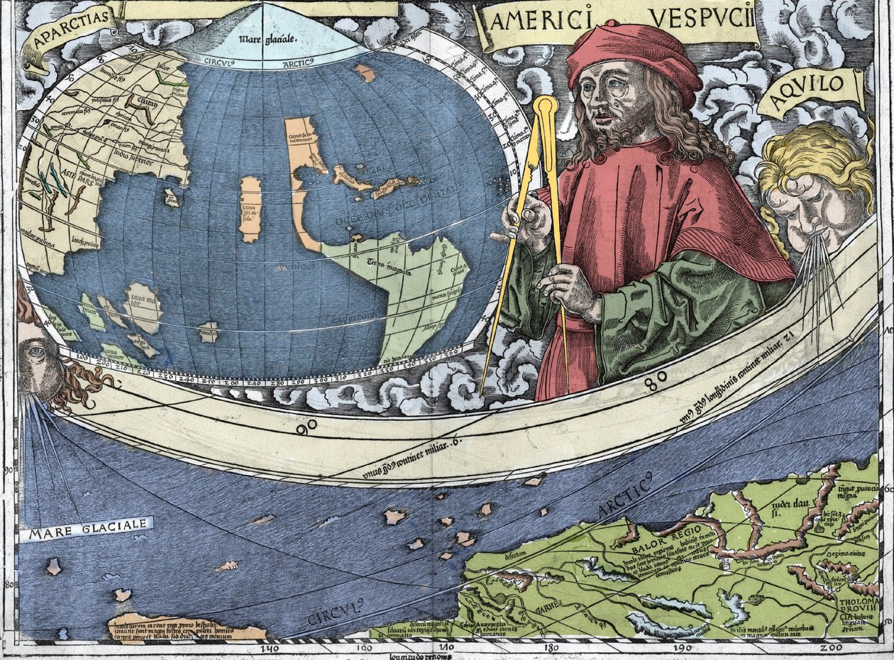 VESPUCCI, Amerigo (1454-1512). Italiensk upptäcktsresande och kartografi i "Waldseemuller karta eller Universalis Cosmographia - (Universal Cosmography) - Waldseemuller Planisphere"" - 1507 - av Martin Waldseemuller