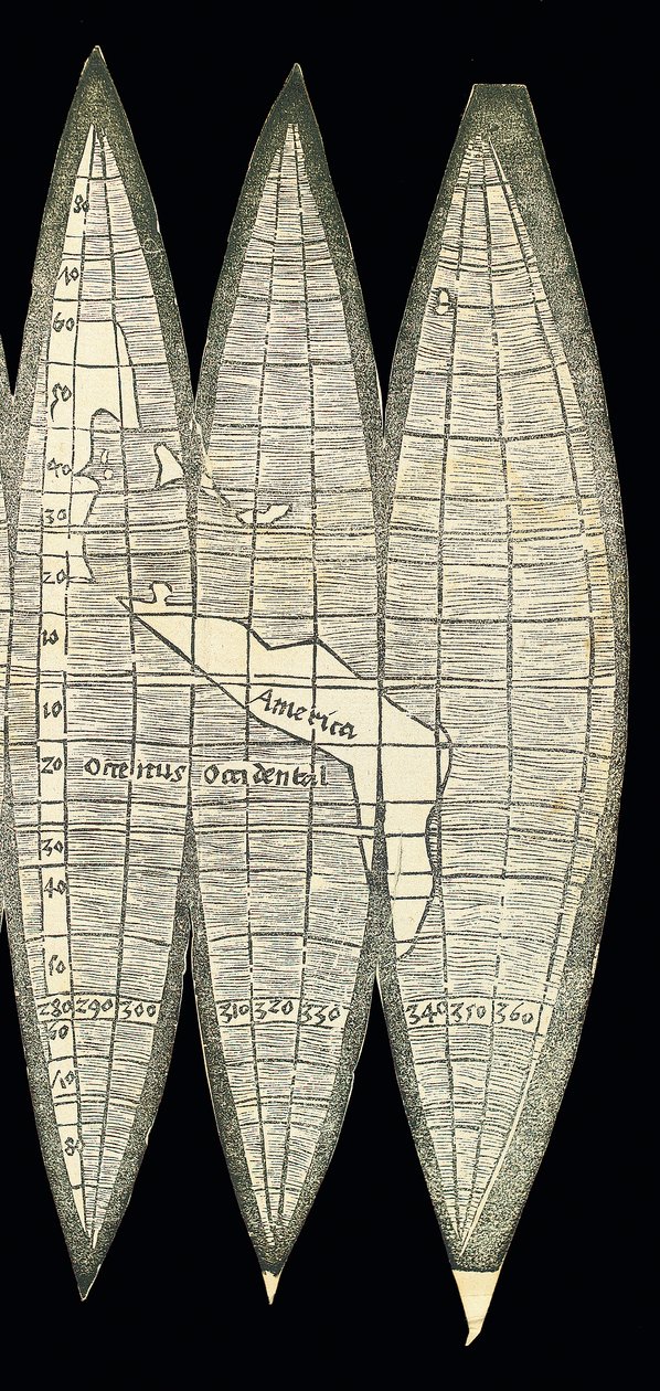 Världskarta i form av en uppsättning jordklotgor, 1507 av Martin Waldseemuller