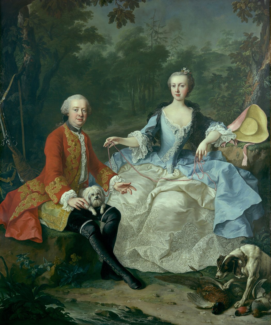 Greve Giacomo Durazzo 1717-1794 i skepnad av en jägare med sin hustru..., troligen tidigt 1760-tal. av Martin van Meytens