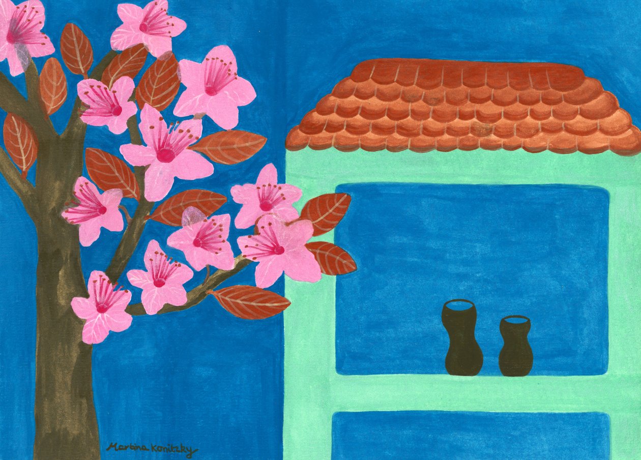 Det blommande blodplommonet på det gröna myntahuset av Martina Konitzky