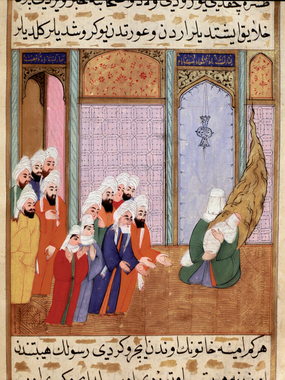 Profeten Muhammeds mor visar sitt nya barn endast för sin farfar (farfar) Abd al-Muttalib (eller al Muttalib) Miniatyr hämtad från "Siyer-i Nebi"" (Siyer i Nebi) episk dikt om profeten Muhammeds liv skriven av Mustafa, son till av Martino Bassi