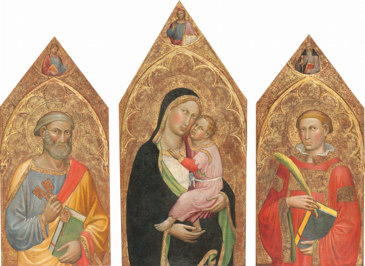 Madonna och barnet med välsignelsen Kristus och de heliga Peter, James Major, Anthony Abbott och en diakonhelgon [hela triptyken] av Martino di Bartolomeo