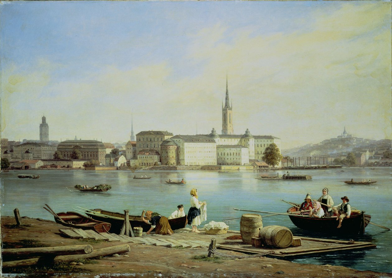Utsikt över Riddarholmen vid Malaven med Riddarhuset och Riddarholmens kyrka bortom, Stockholm av Martinus Rorbye