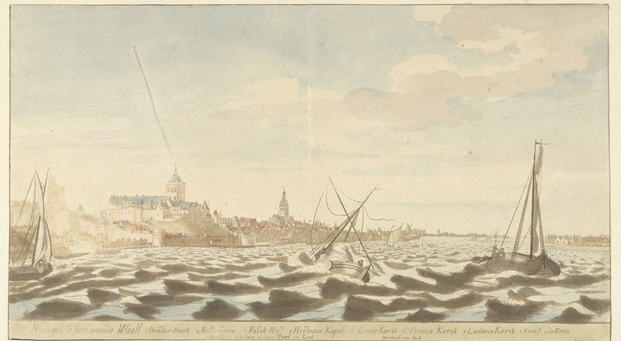 Utsikt över Nijmegen från Waal Nymegen te sien vande Waell (titel på objekt) av Martinus Berkenboom