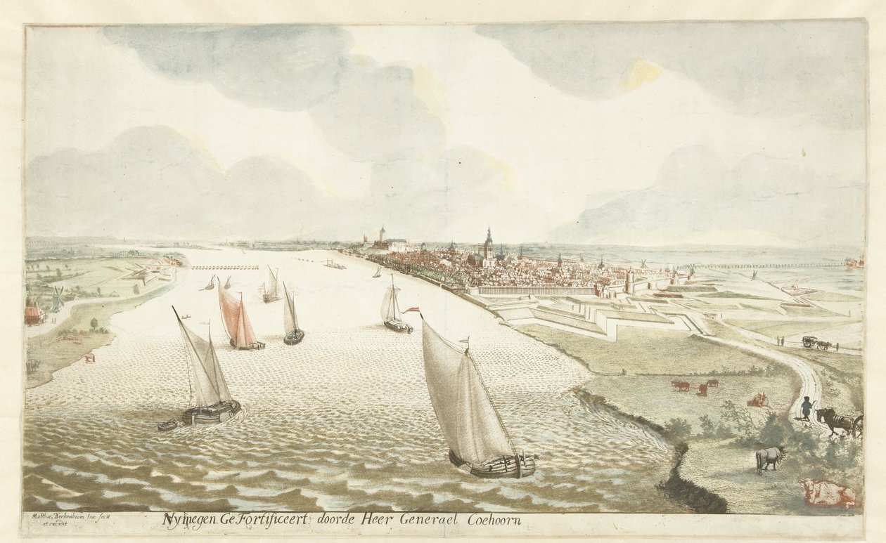 Utsikt över befästningarna nära Nijmegen aan de Waal Nymegen Fortified av Sir Generael Coehoorn (titel på objekt) av Martinus Berkenboom