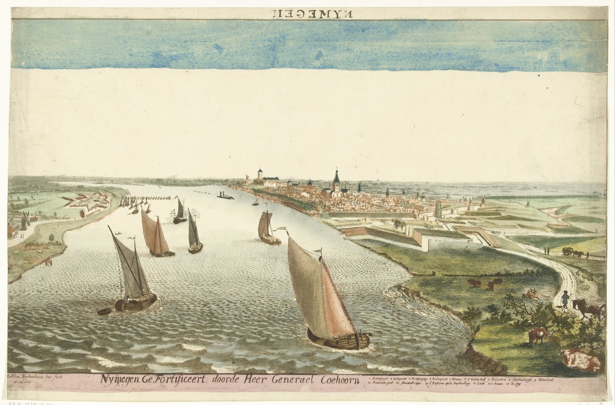 Utsikt över befästningarna nära Nijmegen på Waal Nymegen förstärkt av Sir General Coehoorn (titel på objekt) av Martinus Berkenboom
