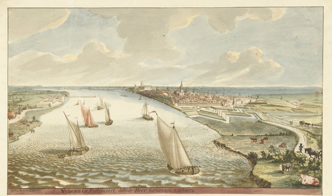 Utsikt över befästningarna nära Nijmegen på Waal Nymegen förstärkt av Sir General Coehoorn (titel på objekt) av Martinus Berkenboom