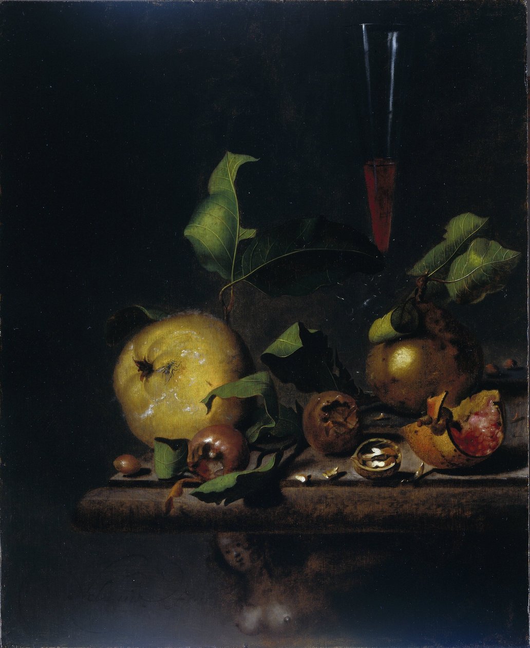 Stilleben med kvitten, medlar och ett glas av Martinus Nellius