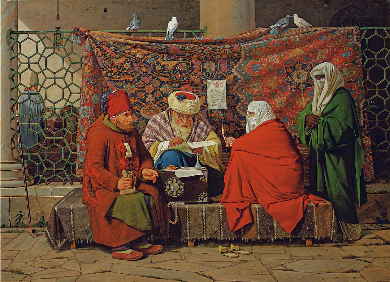 En turkisk notarie som upprättar ett äktenskapskontrakt framför Kilic Ali Pasha-moskén, Tophane, Konstantinopel av Martinus Rorbye