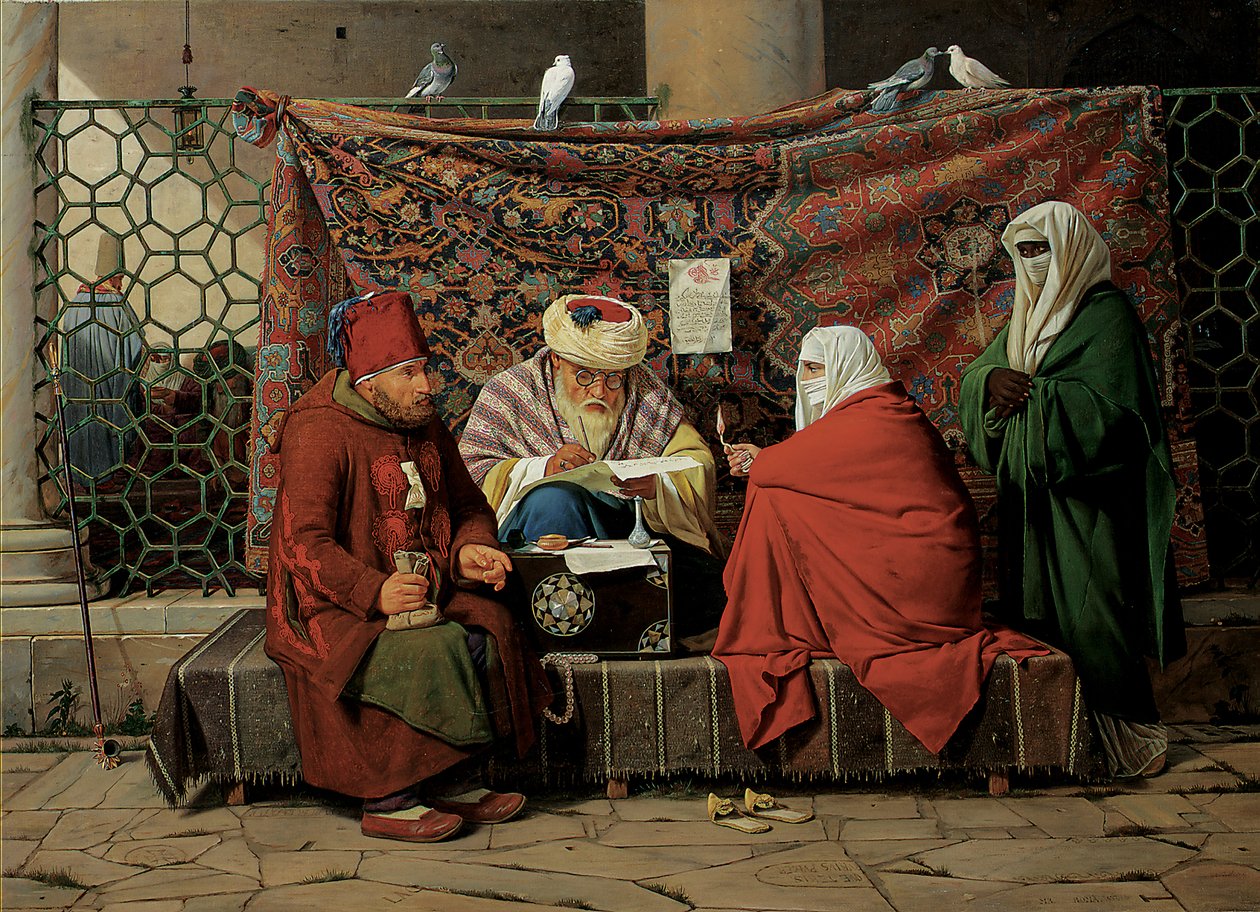 En turkisk notarie som upprättar ett äktenskapskontrakt framför Kilic Ali Pasha-moskén, Tophane, Konstantinopel, 1837 av Martinus Rorbye