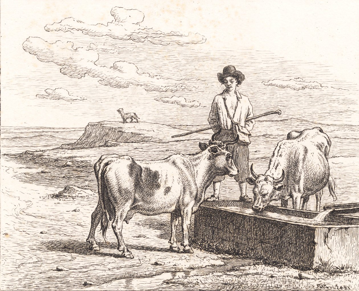 En herdepojke vid ett vattentråg. Illustration till Chr. Winthers "Tjugofem bilder för små barn" av Martinus Rørbye