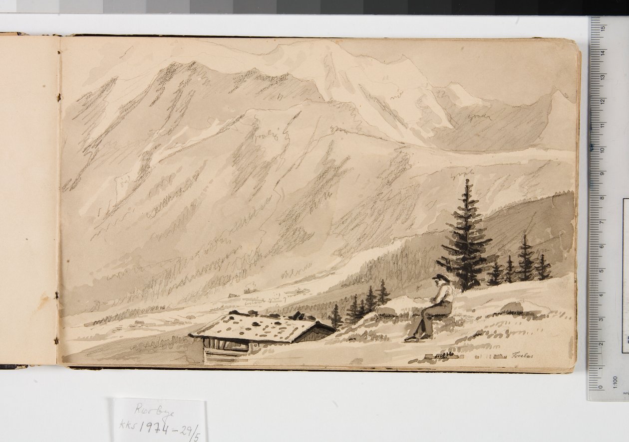 Landskap vid Chamonix, Frankrike. I förgrunden en sjö av Martinus Rørbye