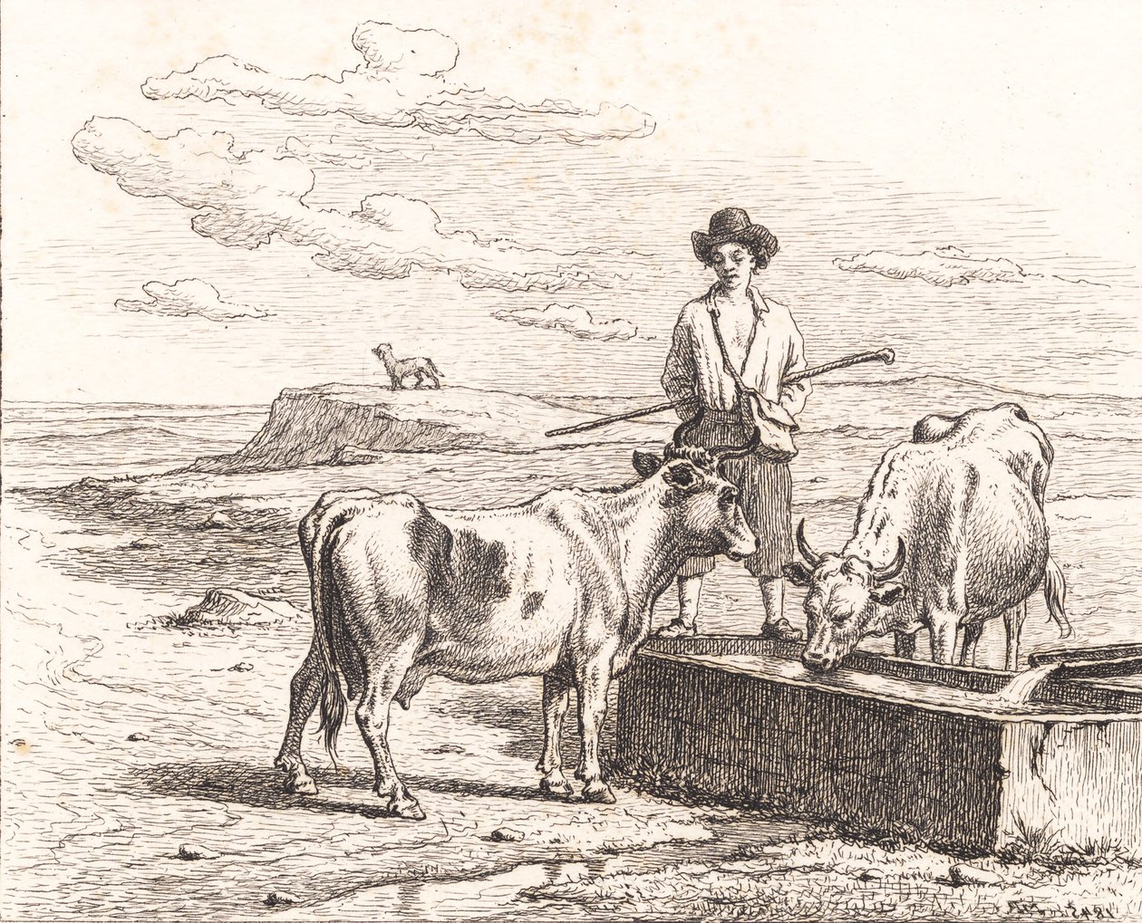 En herdepojke vid ett vattentråg. Illustration för Chr. Winther "Tjugofem bilder för små barn" av Martinus Rørbye