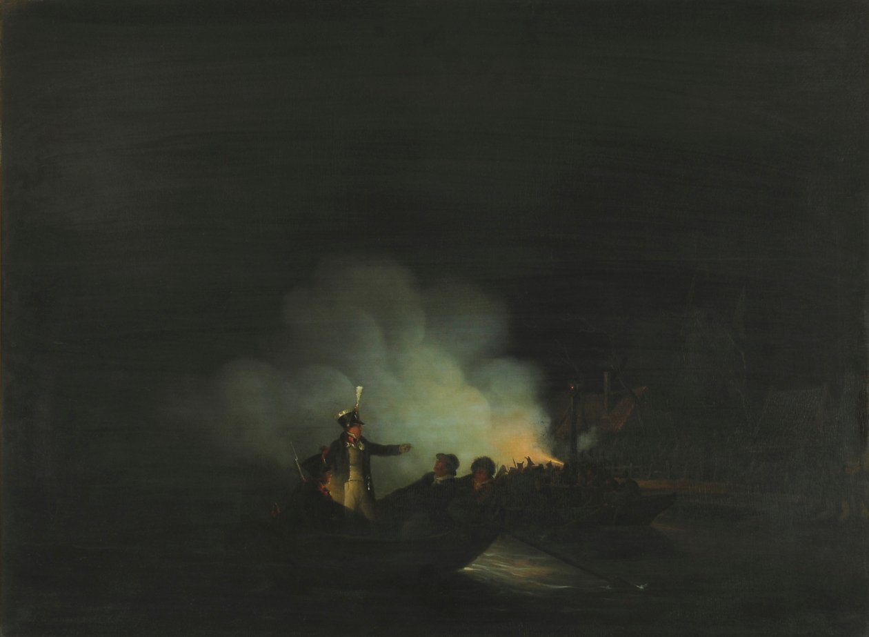 Nederländska: Matthijs Beelaerts, befälhavare för nationalgardet, överfart till Papendrecht natten till den 22 november 1813 av Martinus Schouman