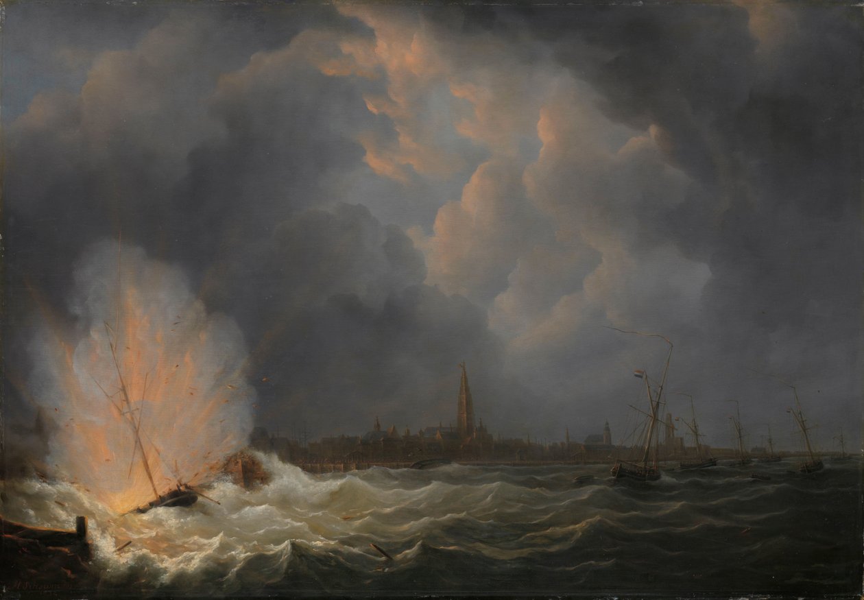Explosionen av Gunboat nr 2, under kommando av Jan van Speijk, utanför Antwerpen, 5 februari 1831 av Martinus Schouman