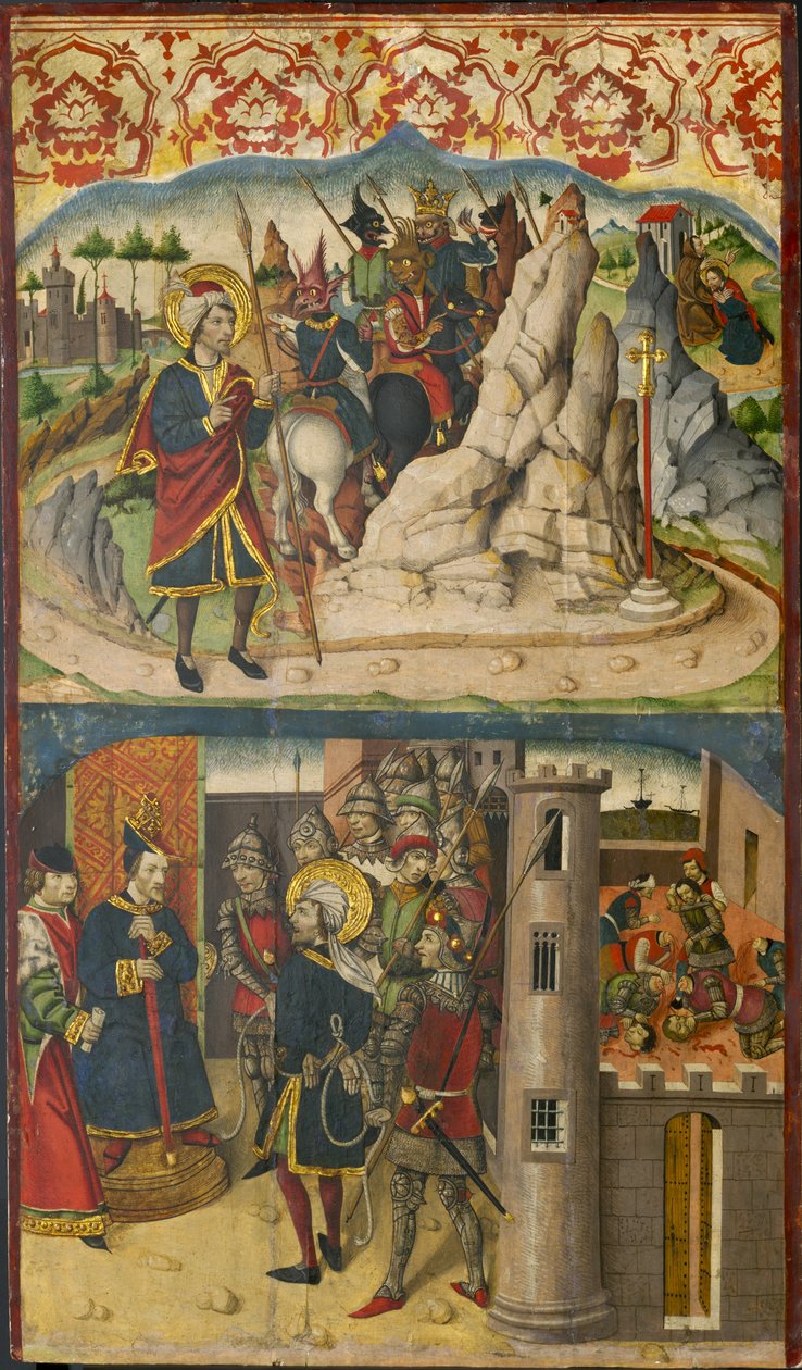 Den helige Christopher möter Satan, den helige Christopher före kungen av Lykien, 1480-85 av Martín de Soria