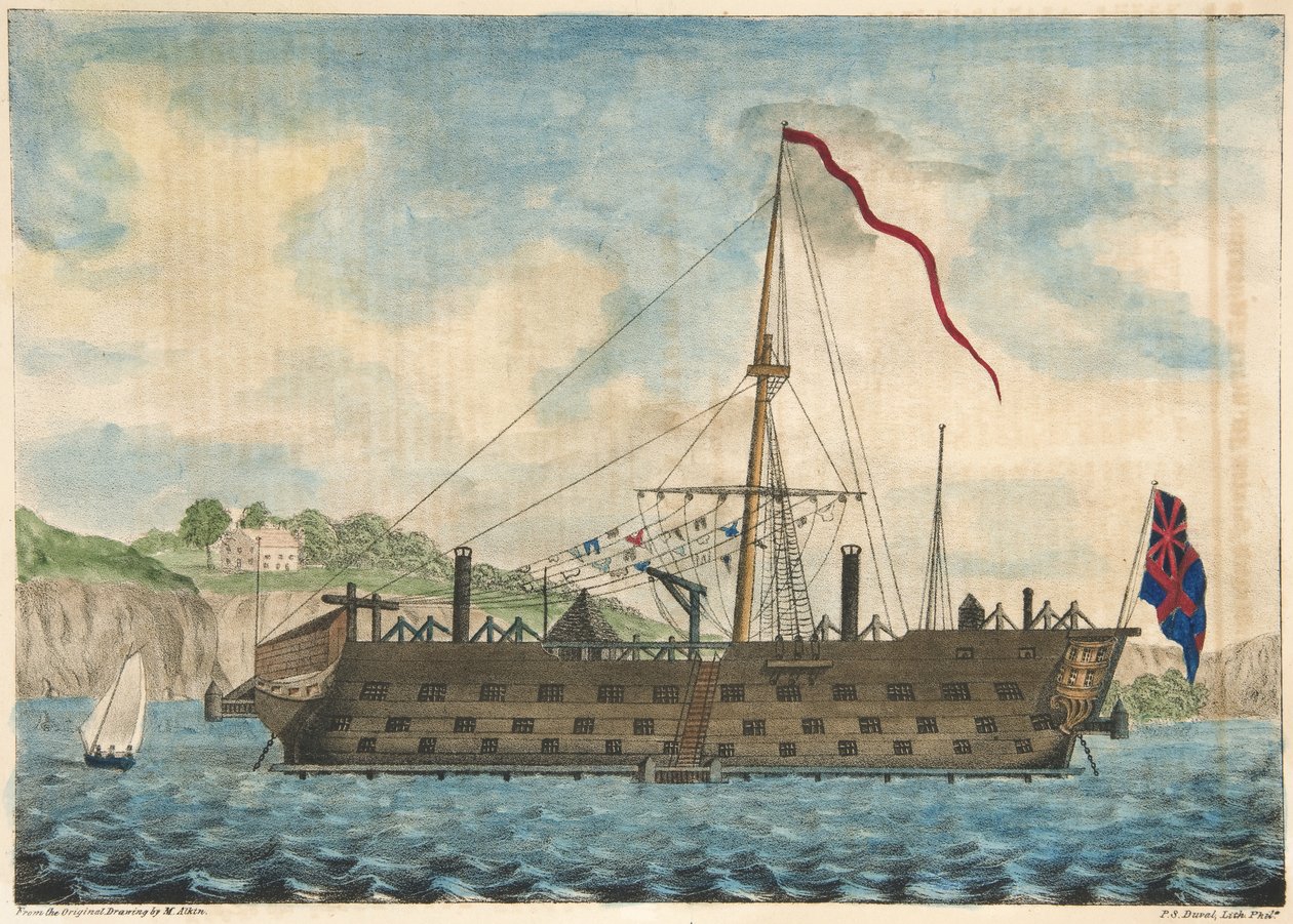 Prison Ship Saratoga utanför Dartmouth, pub. 1840 (handfärgad gravyr) av Martyn after Alken