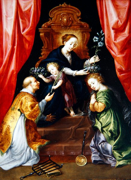 Jungfrun och barnet med Saint Elizabeth och Lawrence of Rome (olja på panel) av Martyn and Brueghel Jan the Younger Pepyn