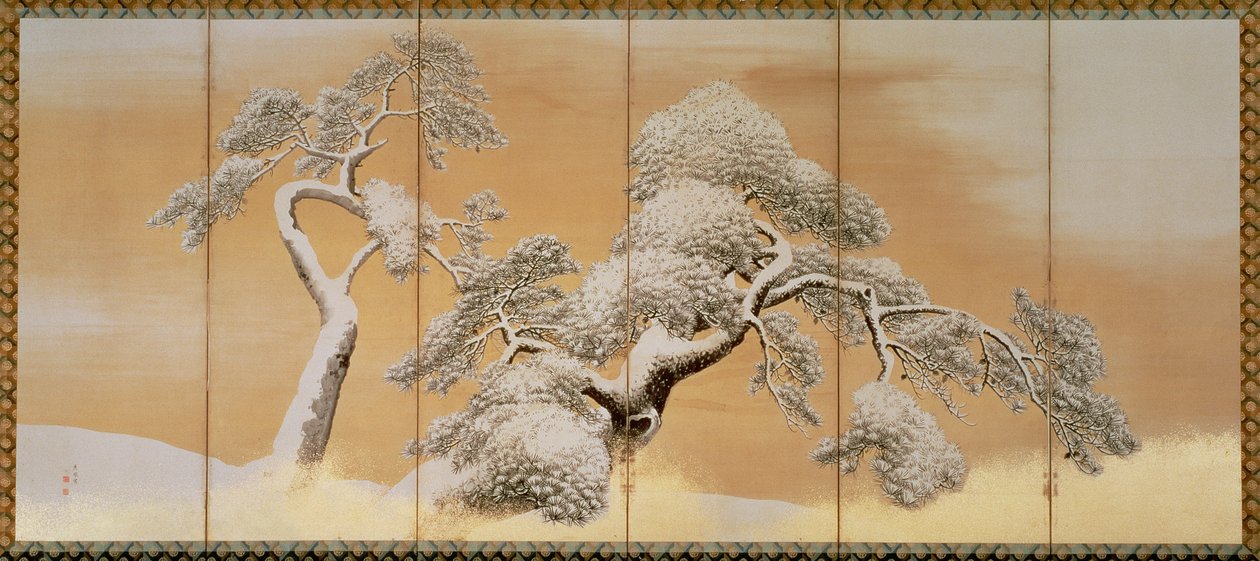 The Pines under Snow (penna och bläck, färg, guldpapper på panel) (se 216567) av Maruyama Okyo