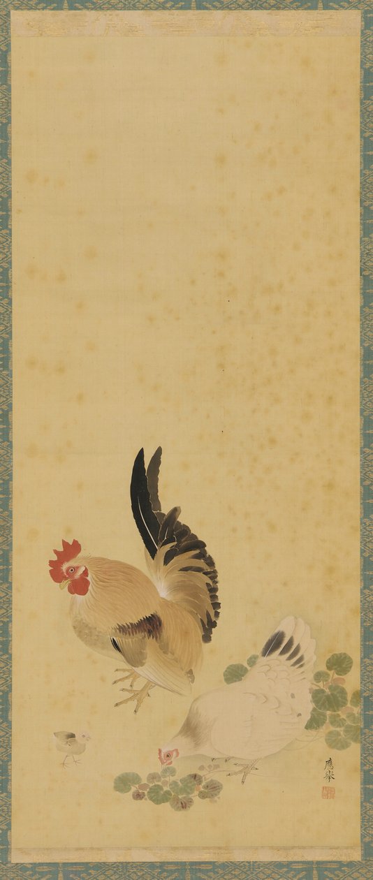 Tupp, höna och fågelunge, Edo-period, 1700-tal. av Maruyama Okyo