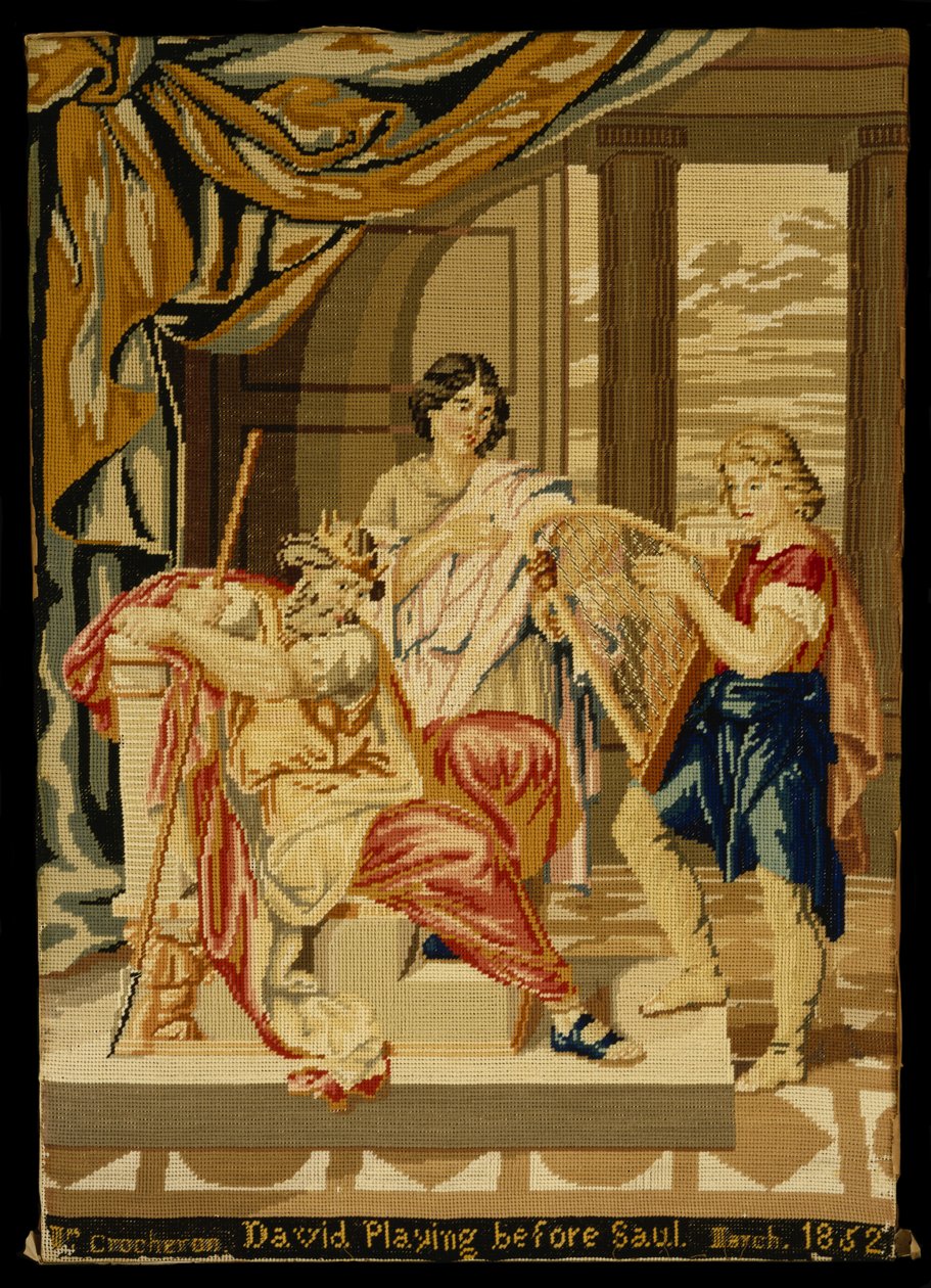 David spelar före Saul, 1852 (linne och ull) av Mary Ann 1812 1888 Crocheron