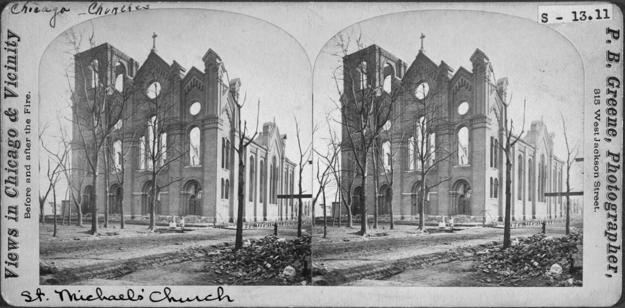 Stereograf av St. Michaels Church efter branden i Chicago 1871, 1871 (bw-foto på kortfäste) av Mary C. Greene
