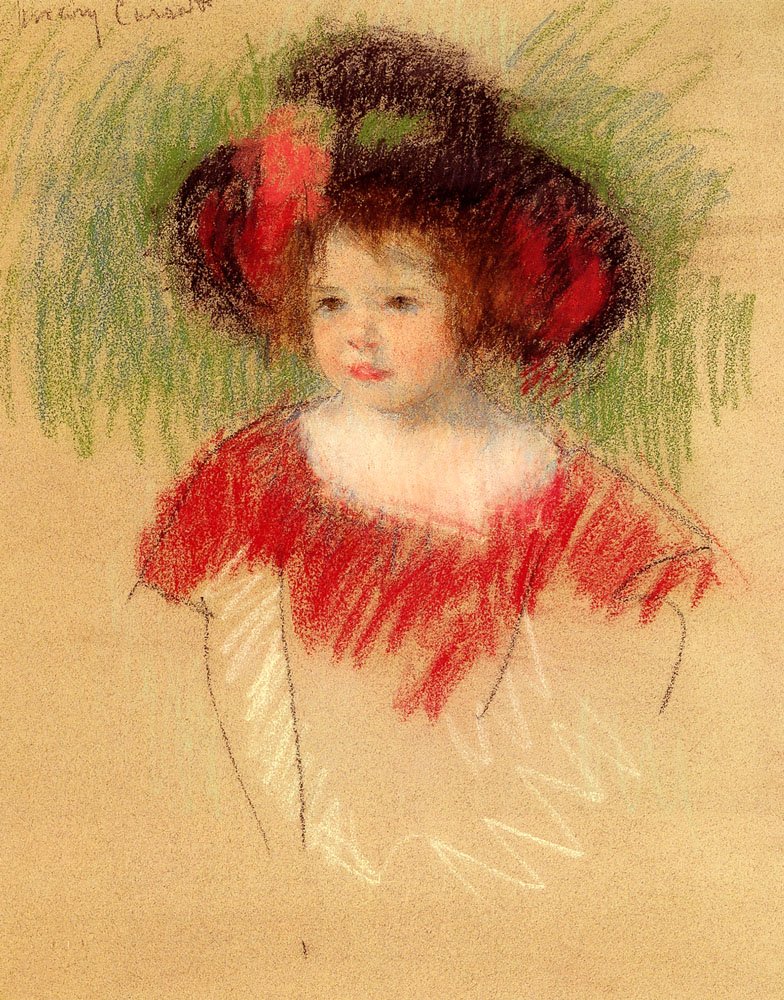Margot In Big Bonnett And Red Dress av Mary Cassatt