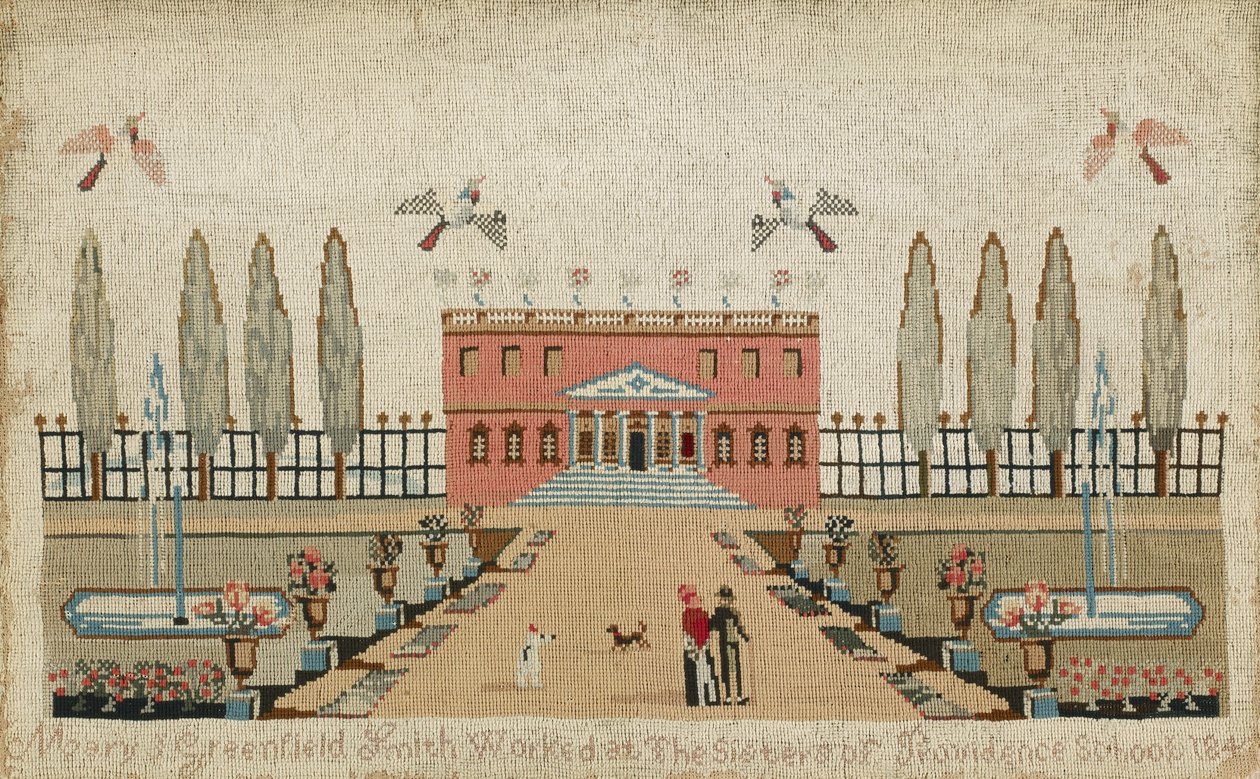 Ullarbete, ca 1843 (ull och silke på linne) av Mary J. Greenfield Smith
