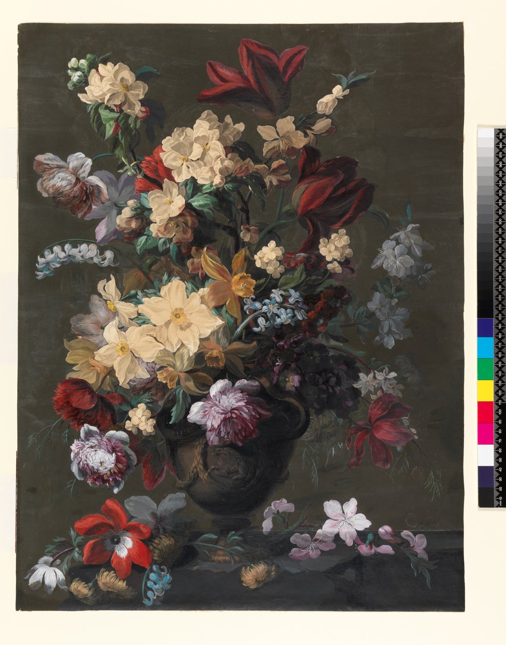 Blommor i en vas stående på en avsats (vädur), sent 1700-tal (penna och bläck, wc och kroppsfärg på en förberedd mörk botten) av Mary Moser