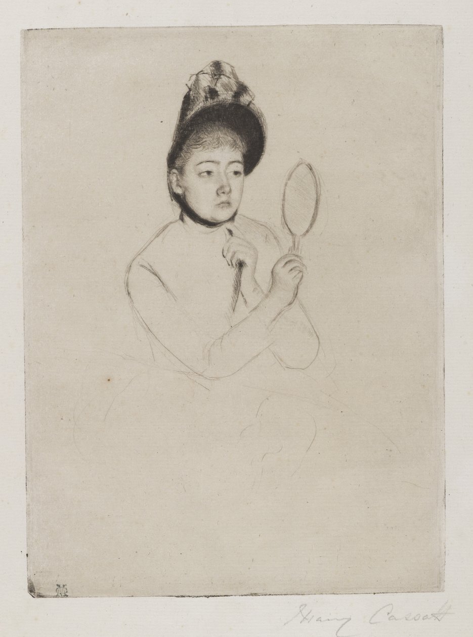 Femme au Mirror (The Bonnet), c.1891 (torrnål på krämfärgat papper) av Mary Cassatt