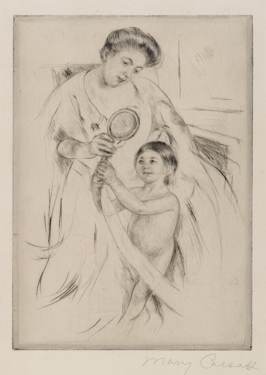 La Glace a Main, ca 1905 (torrnål på krämfärgat papper) av Mary Cassatt