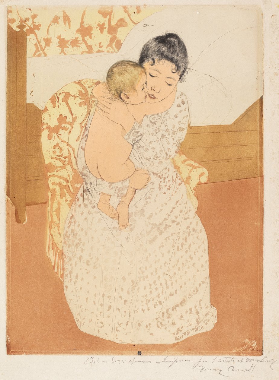 Maternal Caress, 1890-1 (färg torrnål och akvatint på krämigt papper) av Mary Cassatt
