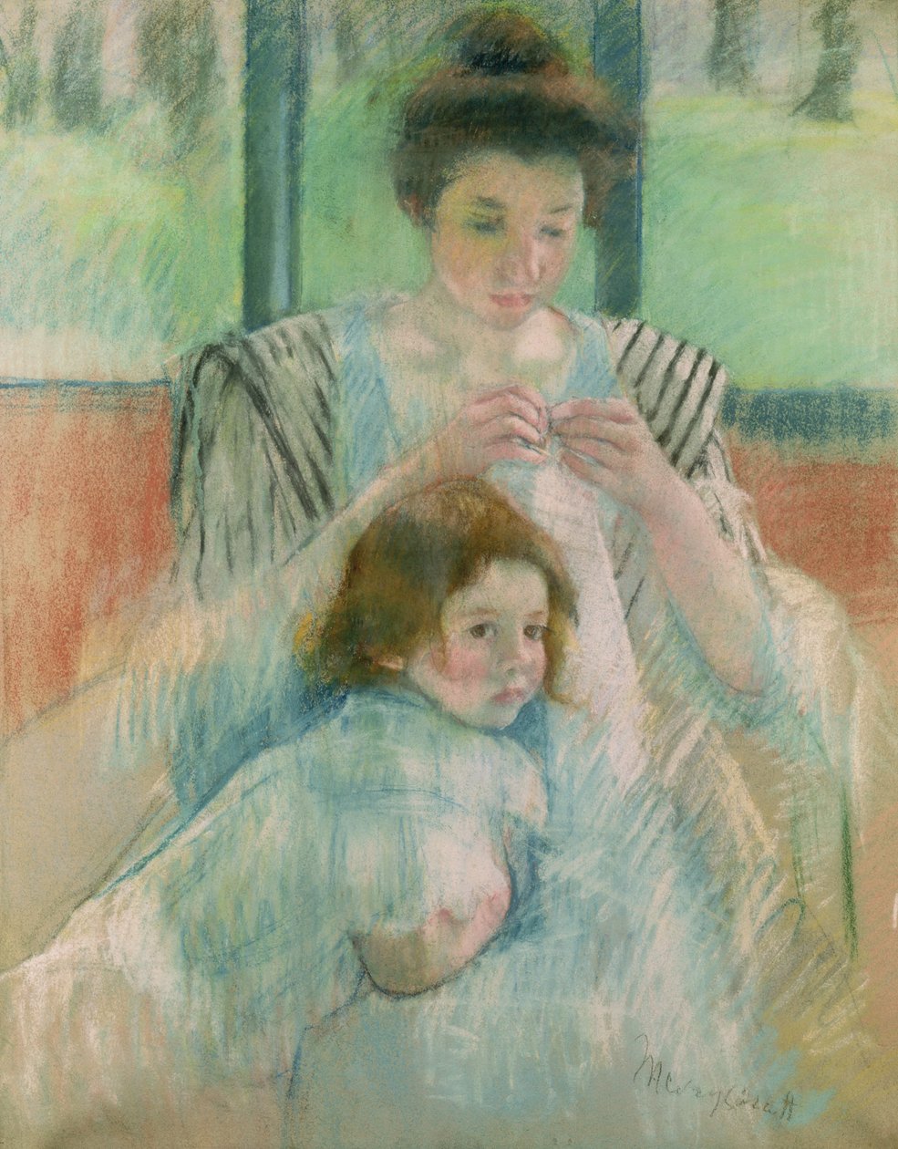 Mor och barn (pastell på papper) av Mary Cassatt