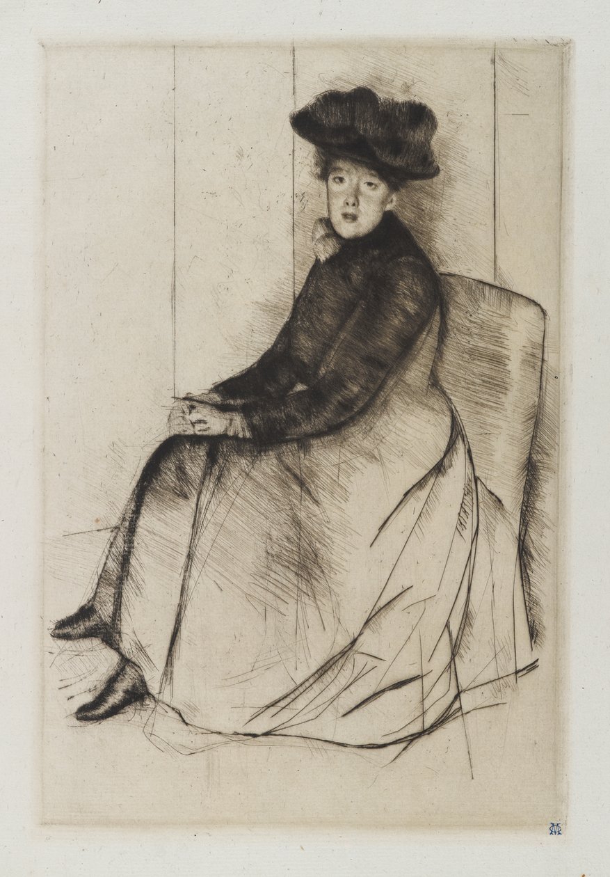Reflektion, ca 1890 (torrnål på grönfärgat papper) av Mary Cassatt