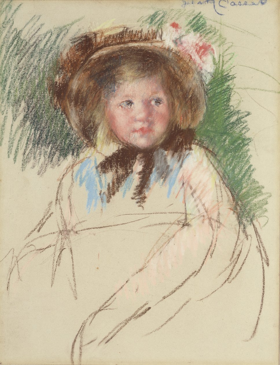 Sara i mörk motorhuv knuten under hakan, c.1901 av Mary Cassatt