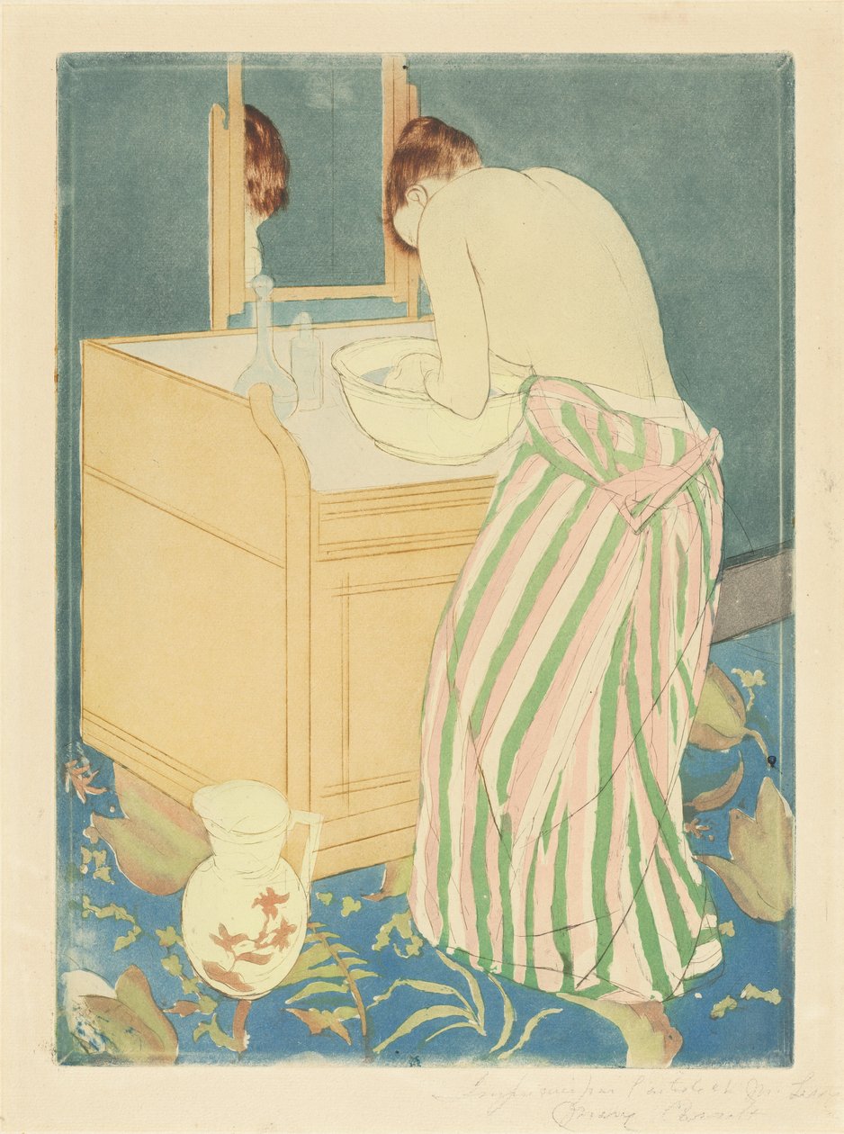 Kvinna som badar, 1890-1 (färg torrnål och akvatint på tjockt papper) av Mary Cassatt