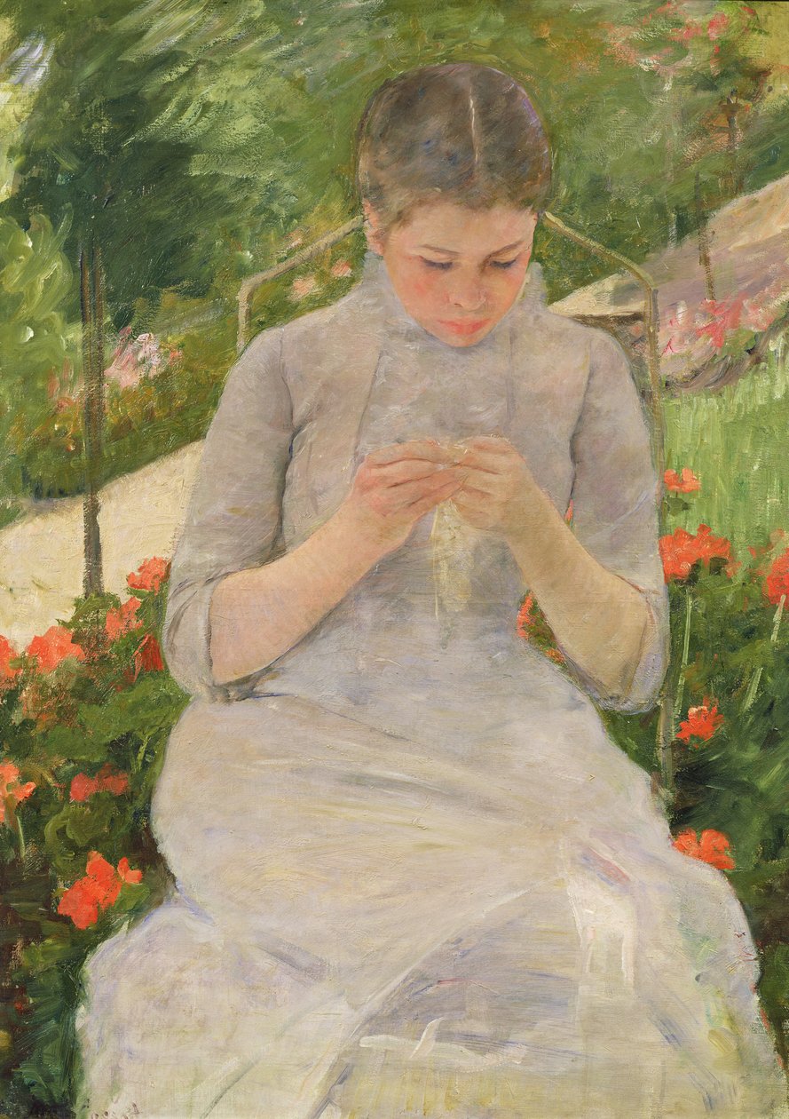 Ung kvinde, der syr i haven, ca. 1880-82 swed av Mary Cassatt
