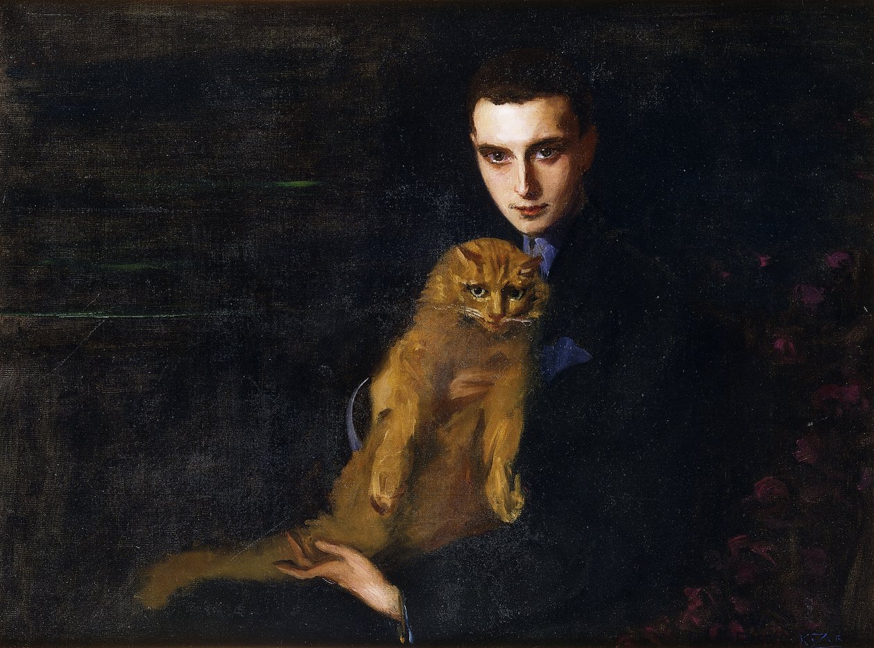 Porträtt av Erte med Misha, ca. 1915 (olja på duk) av Mary Eristoff Kazak