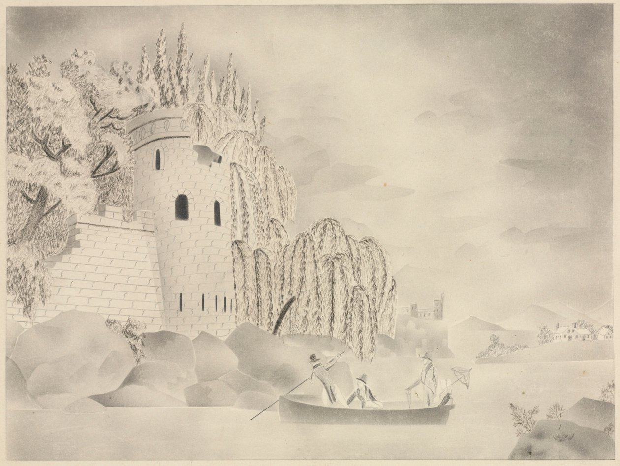 The Lonely Tower (Slott vid en flod med pilar och en båt) av Mary Altha Nims