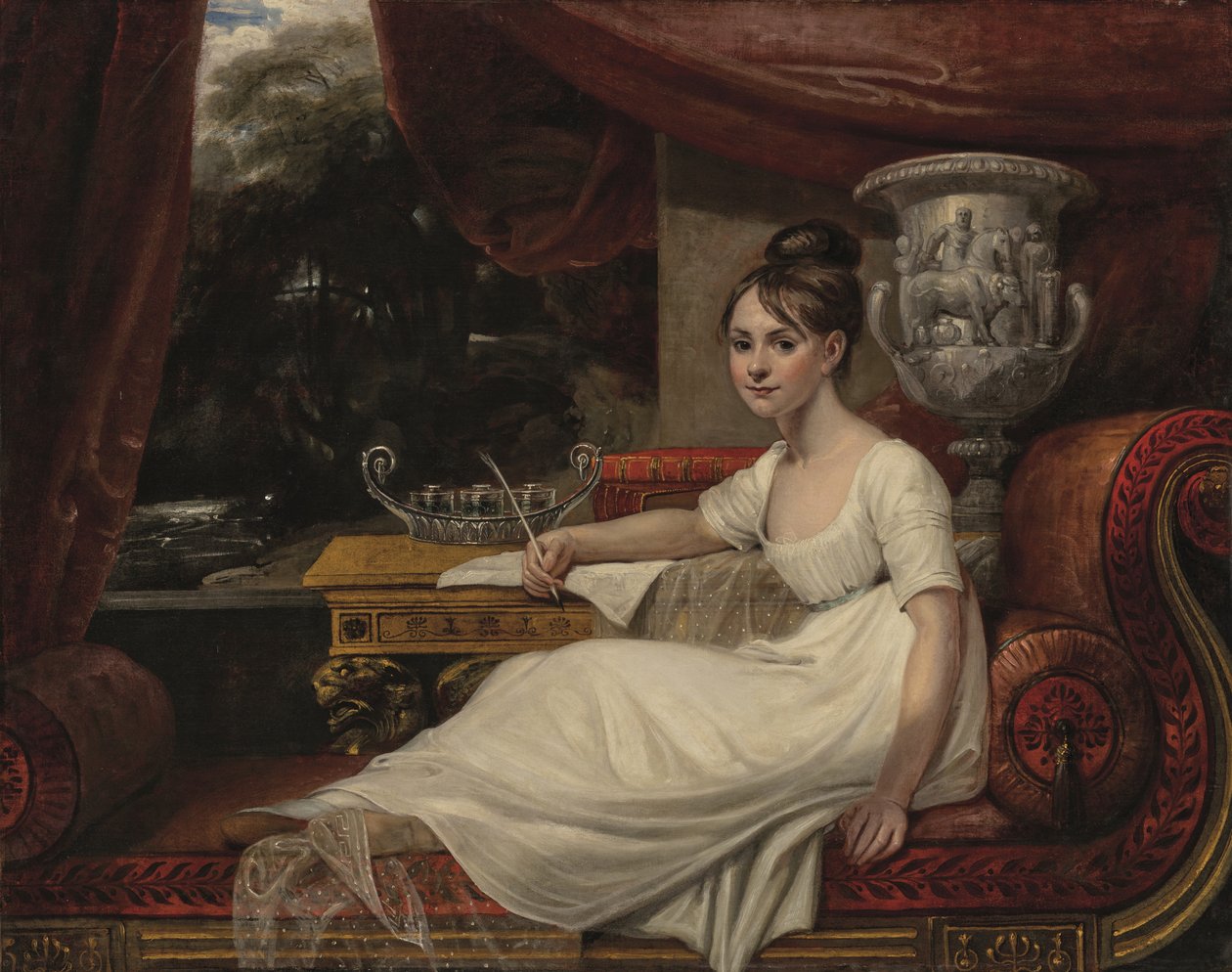 Porträtt av Eleanor Anne Porden, Lady Franklin (1795-1825), på en schäslong (olja på duk) av Mary Ann Flaxman