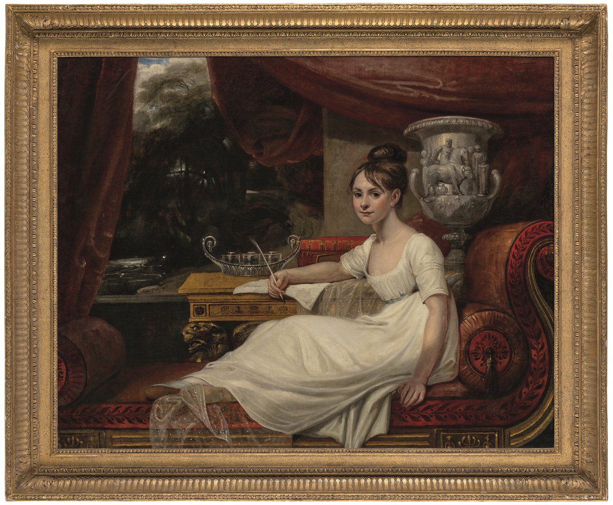 Porträtt av Eleanor Anne Porden, Lady Franklin (1795-1825), på en schäslong (olja på duk) av Mary Ann Flaxman