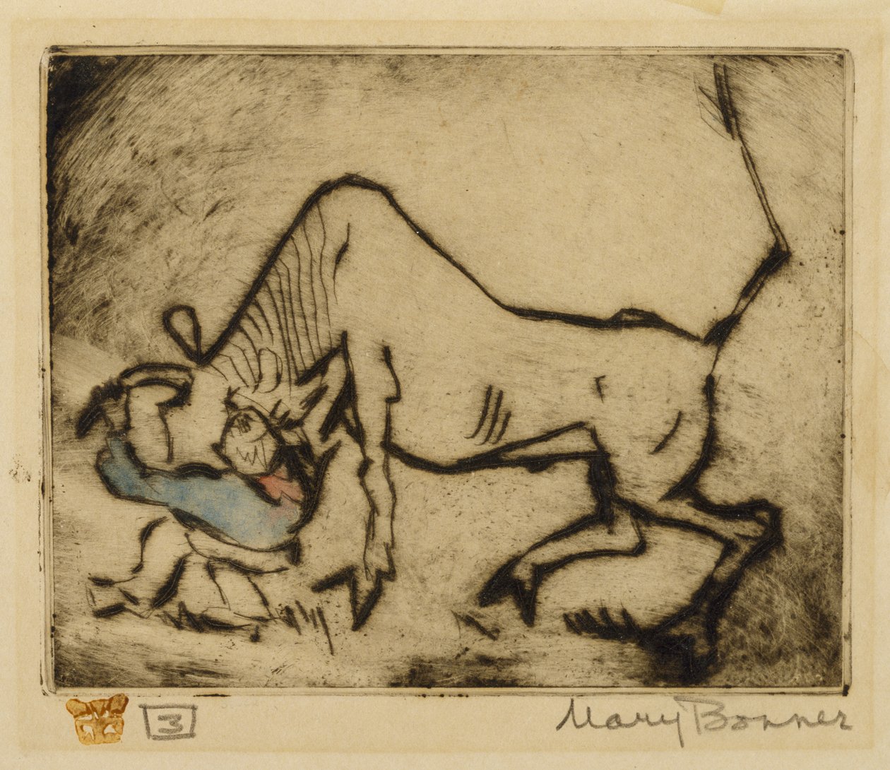 Bull-Dogging (handfärgad etsning) av Mary Bonner