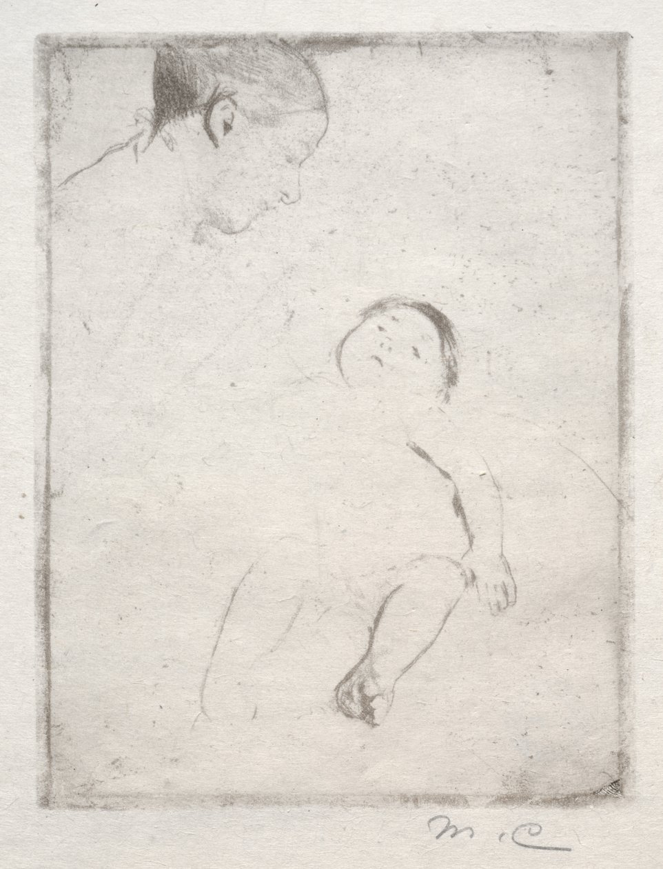 Bill ligger i sin mammas knä, ca. 1889. av Mary Cassatt