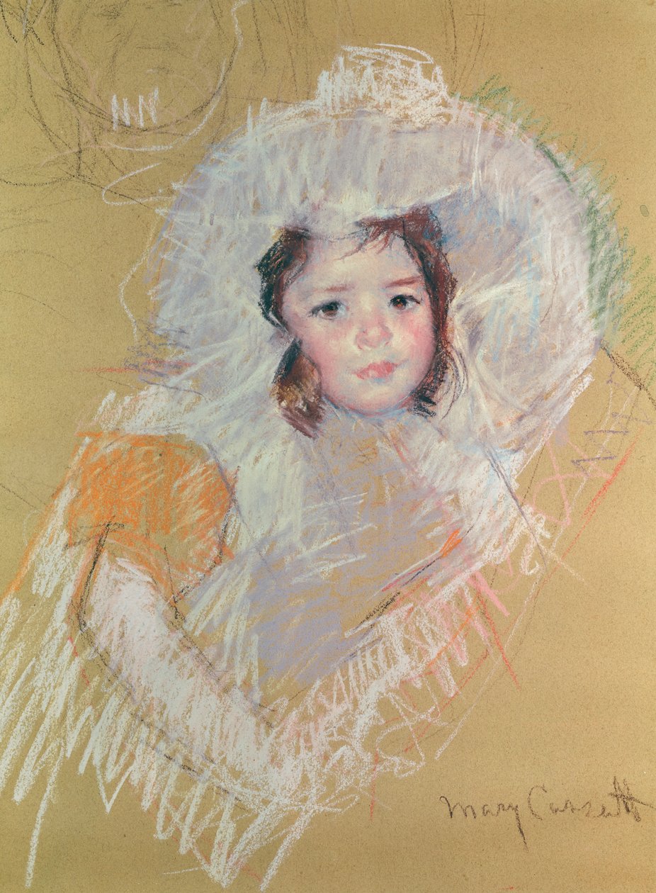 Byst av en ung flicka eller Margot Lux med stor hatt (pastell på papper) av Mary Cassatt